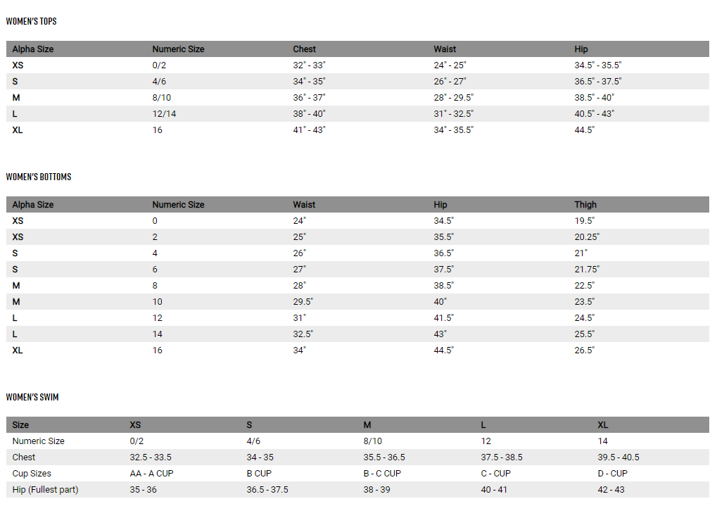 Fox Apparel Size Chart